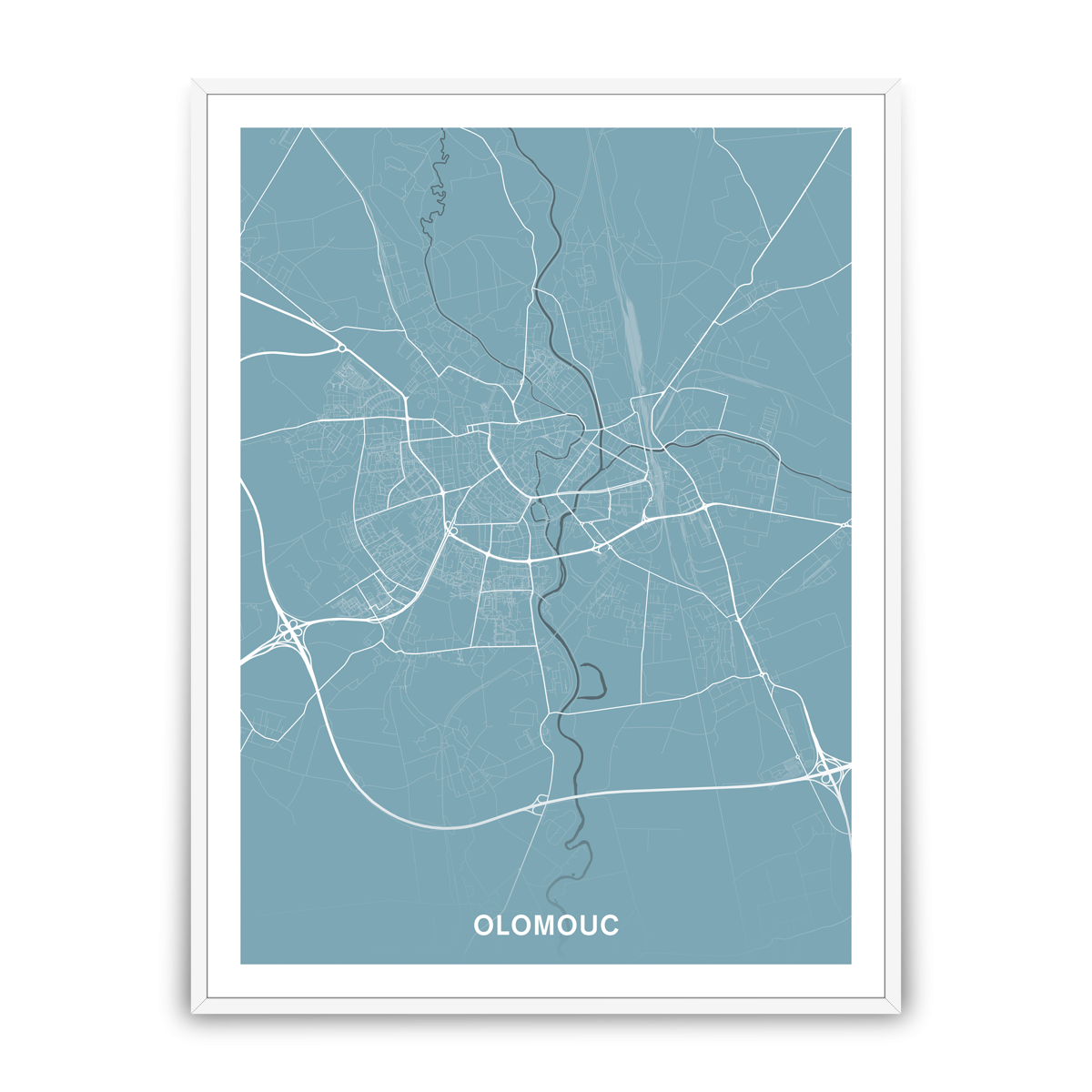 Olomouc – silnice - města – mapa doztracena / město – modrá / pěnová kapa deska / bílý hliníkový rám / 60×80 cm