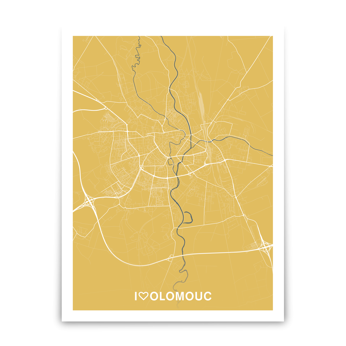 Olomouc – silnice - města – love / město – žlutá / papír / bez lišt / 60×80 cm