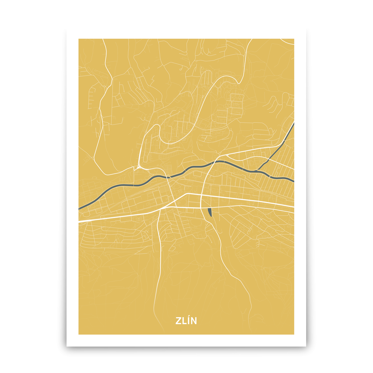 Zlín – silnice - města – mapa doztracena / město – žlutá / pěnová kapa deska / bez rámu / 60×80 cm