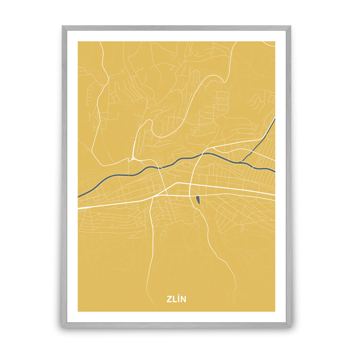 Zlín – silnice - města – mapa doztracena / město – žlutá / pěnová kapa deska / stříbrný hliníkový rám / 45×60 cm