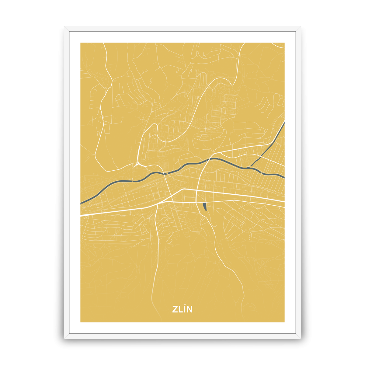 Zlín – silnice - města – mapa doztracena / město – žlutá / pěnová kapa deska / bílý hliníkový rám / 45×60 cm