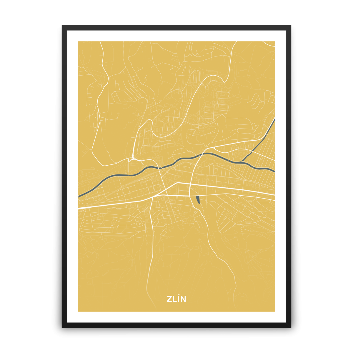 Zlín – silnice - města – mapa doztracena / město – žlutá / pěnová kapa deska / černý hliníkový rám / 30×40 cm