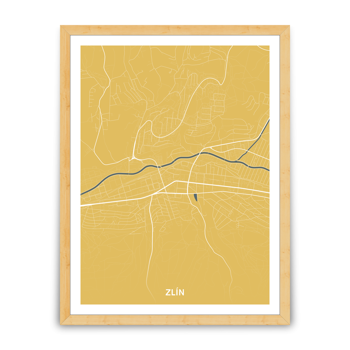 Zlín – silnice - města – mapa doztracena / město – žlutá / pěnová kapa deska / dřevěný rám / 30×40 cm