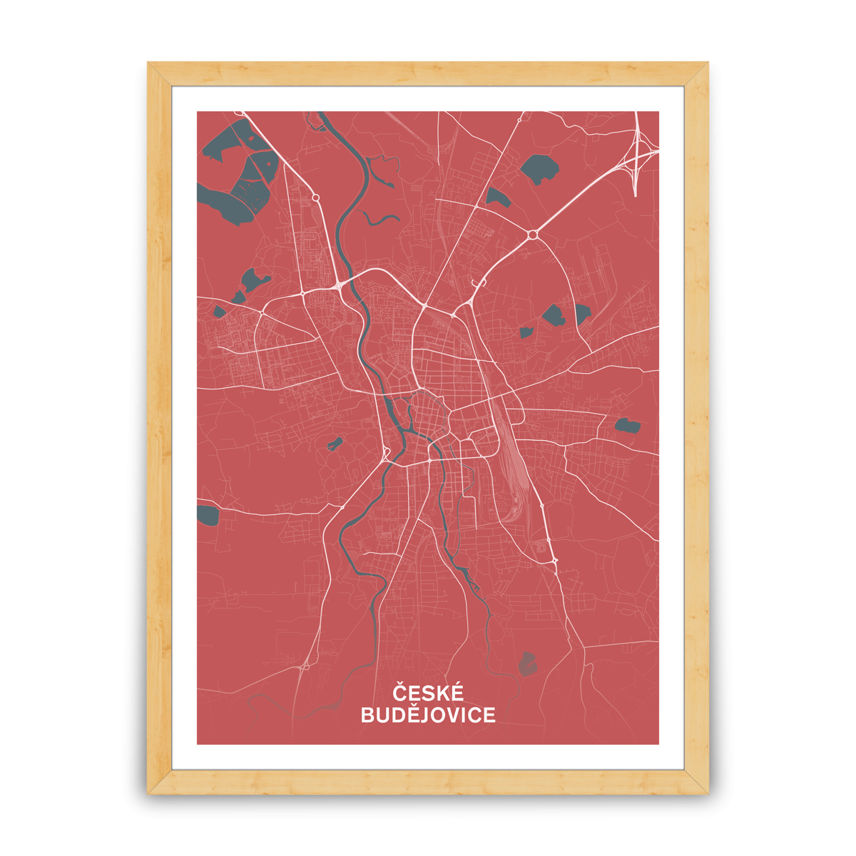České Budějovice – silnice - města – mapa doztracena / město – červená / pěnová kapa deska / dřevěný rám / 30×40 cm