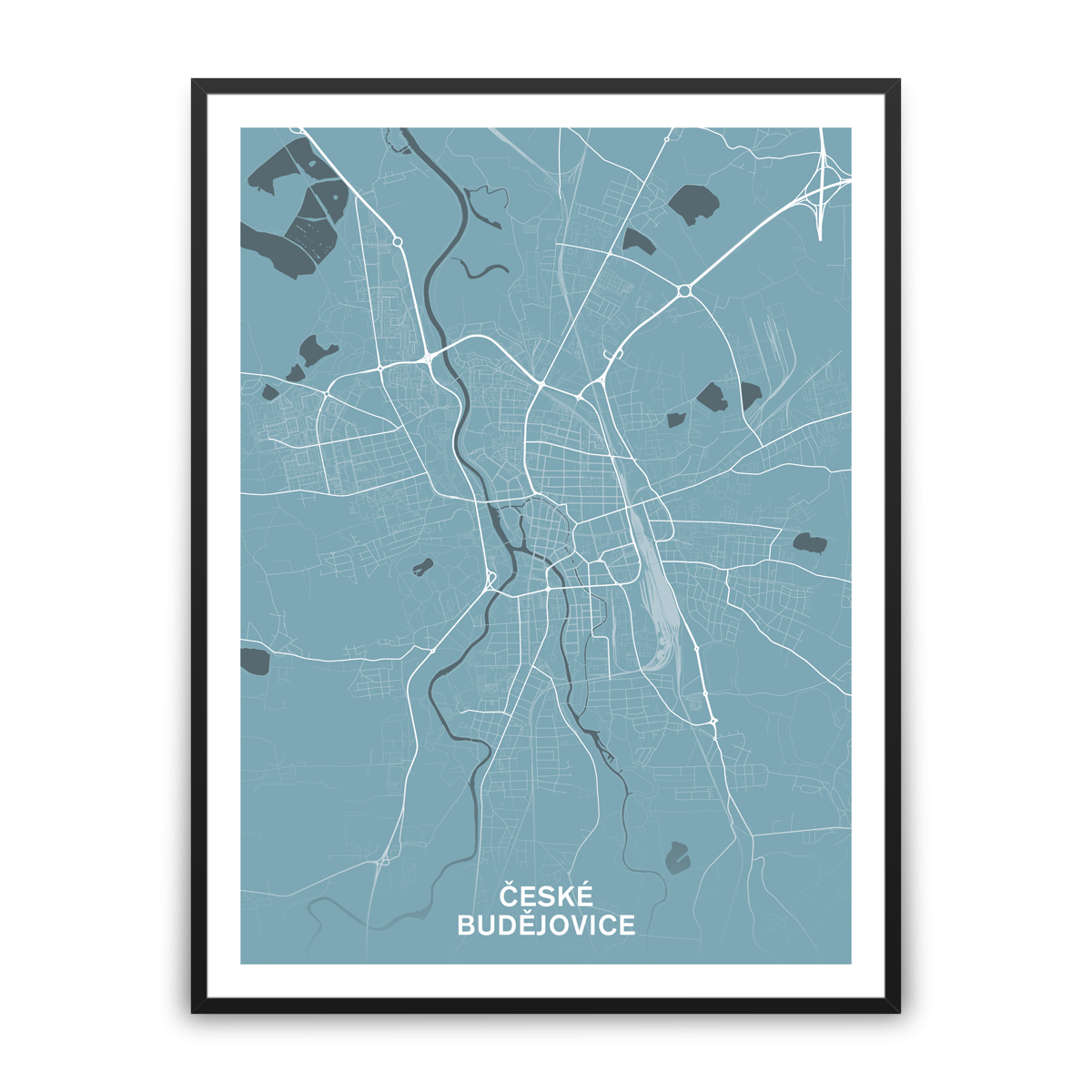 České Budějovice – silnice - města – mapa doztracena / město – modrá / pěnová kapa deska / černý hliníkový rám / 30×40 cm