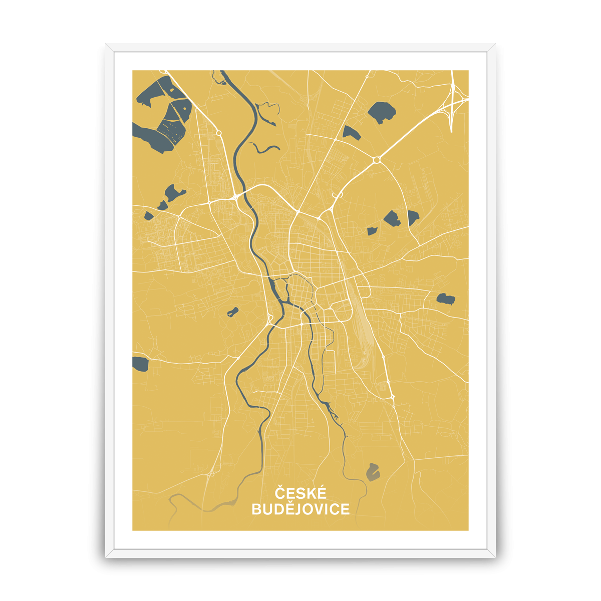 České Budějovice – silnice - města – mapa doztracena / město – žlutá / pěnová kapa deska / bílý hliníkový rám / 30×40 cm