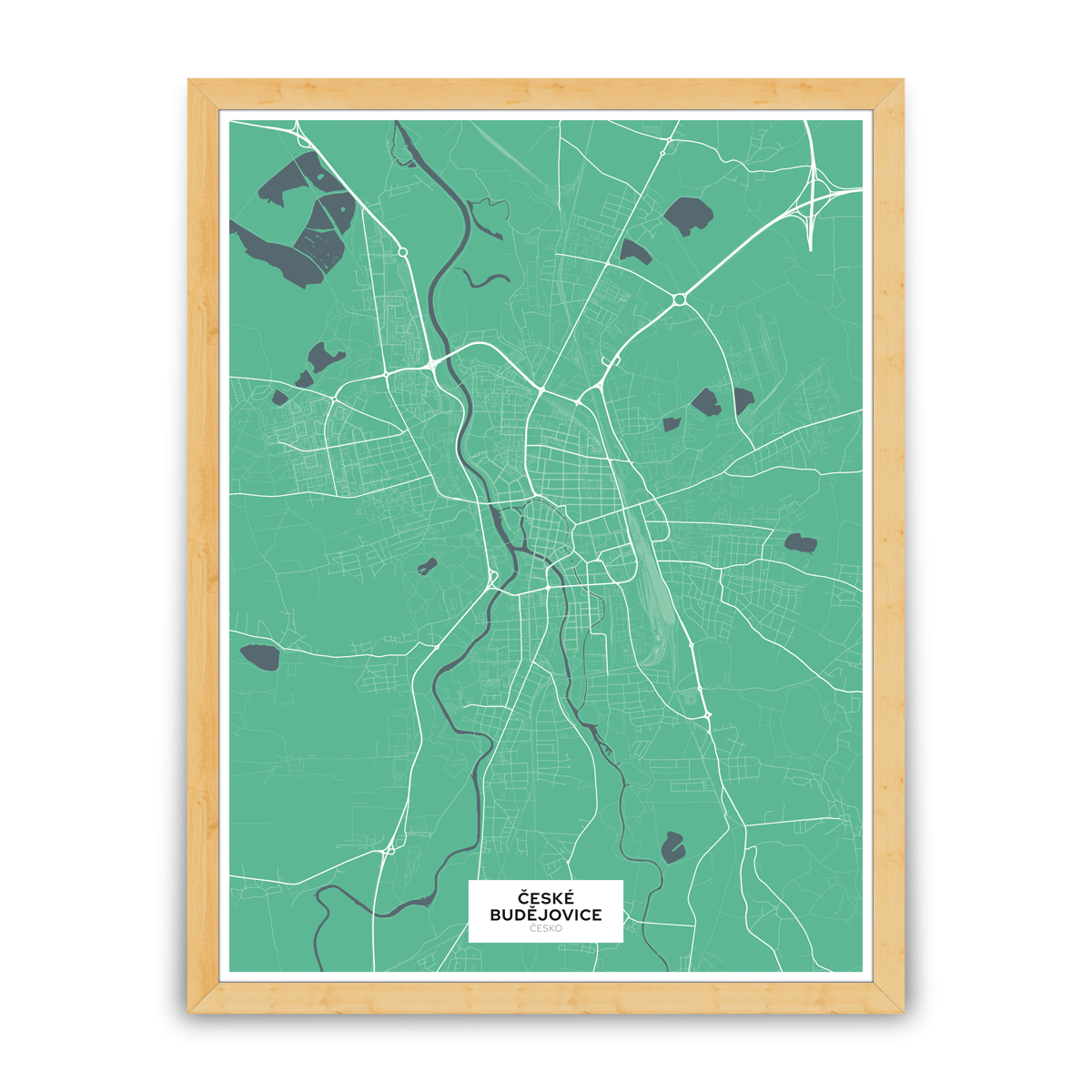 České Budějovice – silnice - města – klasik / město – zelená / pěnová kapa deska / dřevěný rám / 45×60 cm