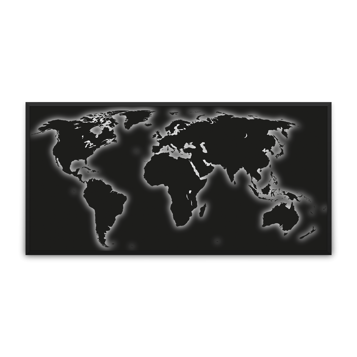 Obrysy kontinentů - obrysy se stínem / černý se stínem / pěnová kapa deska / černý hliníkový rám / 150×75 cm