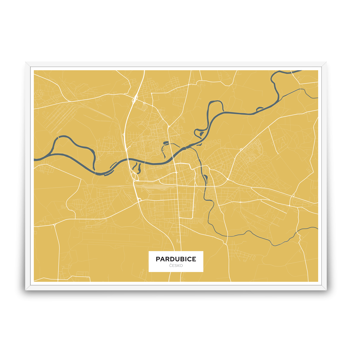 Pardubice – silnice - města – klasik / město – žlutá / pěnová kapa deska / bílý hliníkový rám / 80x60 cm