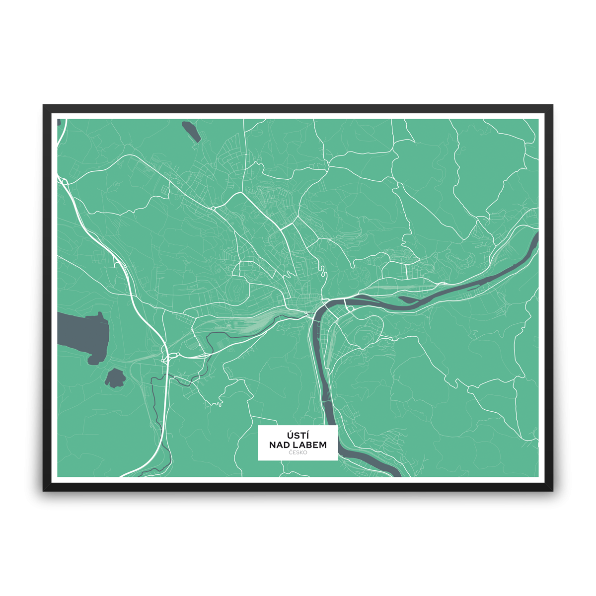 Ústí nad Labem – silnice - města – klasik / město – zelená / pěnová kapa deska / černý hliníkový rám / 80x60 cm