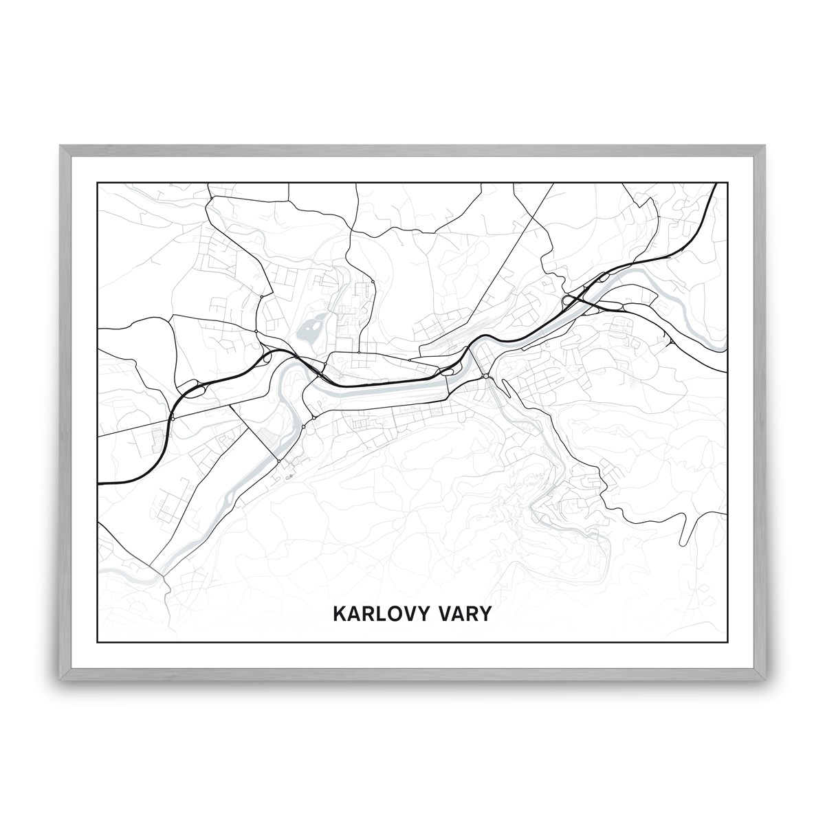 Karlovy Vary – silnice - města – mapa doztracena / město – bílá / pěnová kapa deska / stříbrný hliníkový rám / 60x45 cm