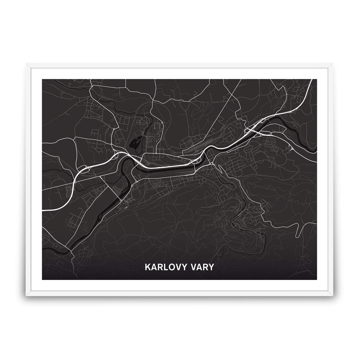 Karlovy Vary – silnice - města – mapa doztracena / město – černá / pěnová kapa deska / bílý hliníkový rám / 80x60 cm