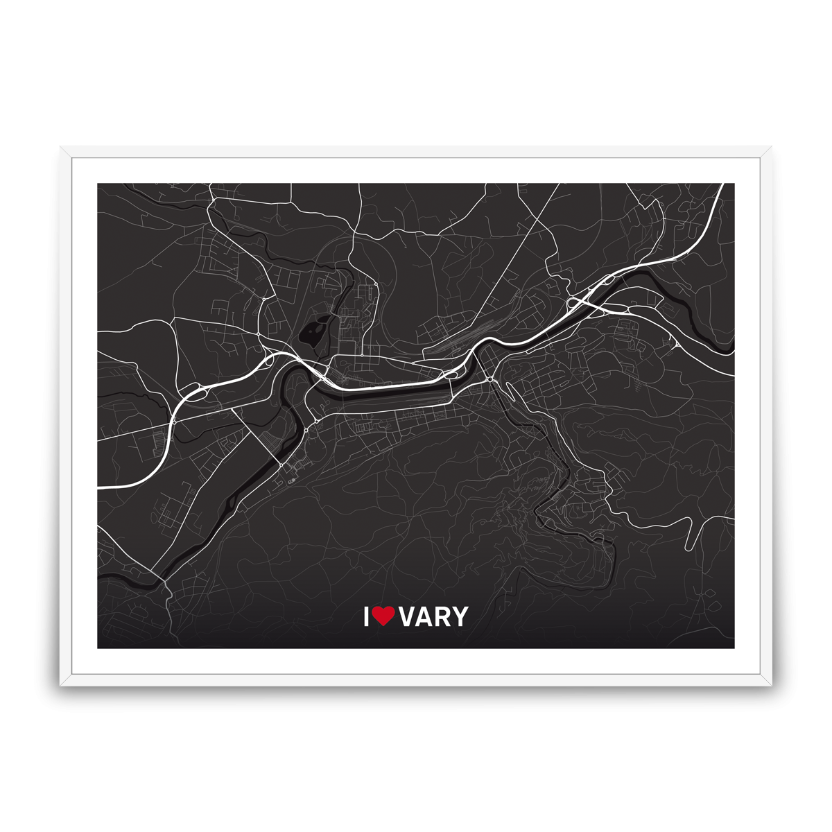 Karlovy Vary – silnice - města – love / město – černá / pěnová kapa deska / bílý hliníkový rám / 80x60 cm