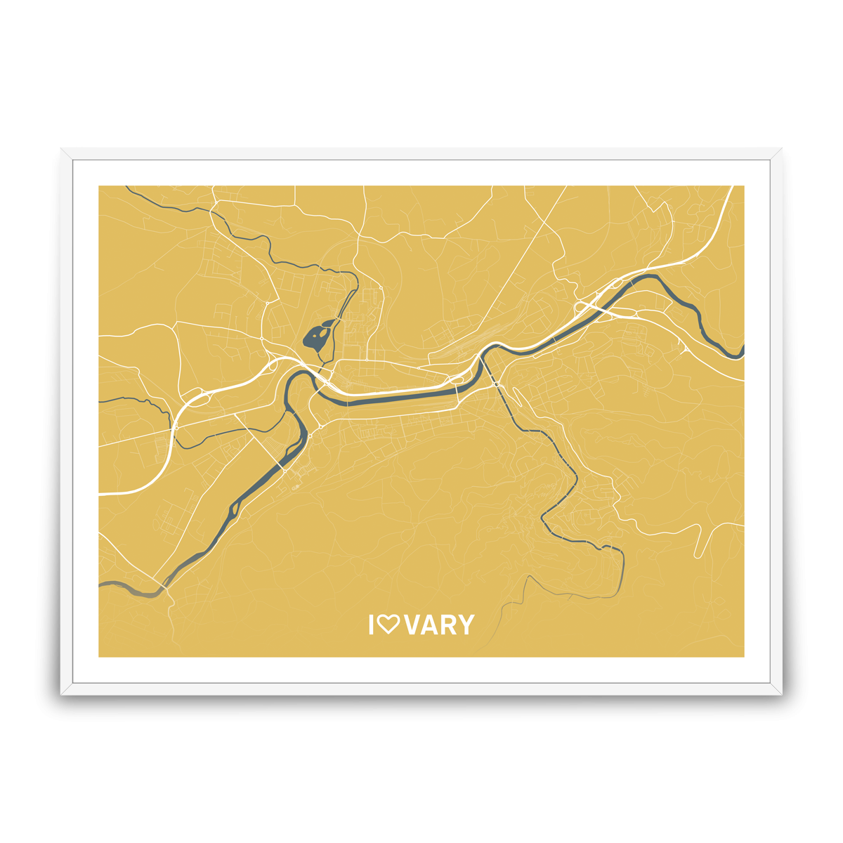 Karlovy Vary – silnice - města – love / město – žlutá / pěnová kapa deska / bílý hliníkový rám / 60x45 cm