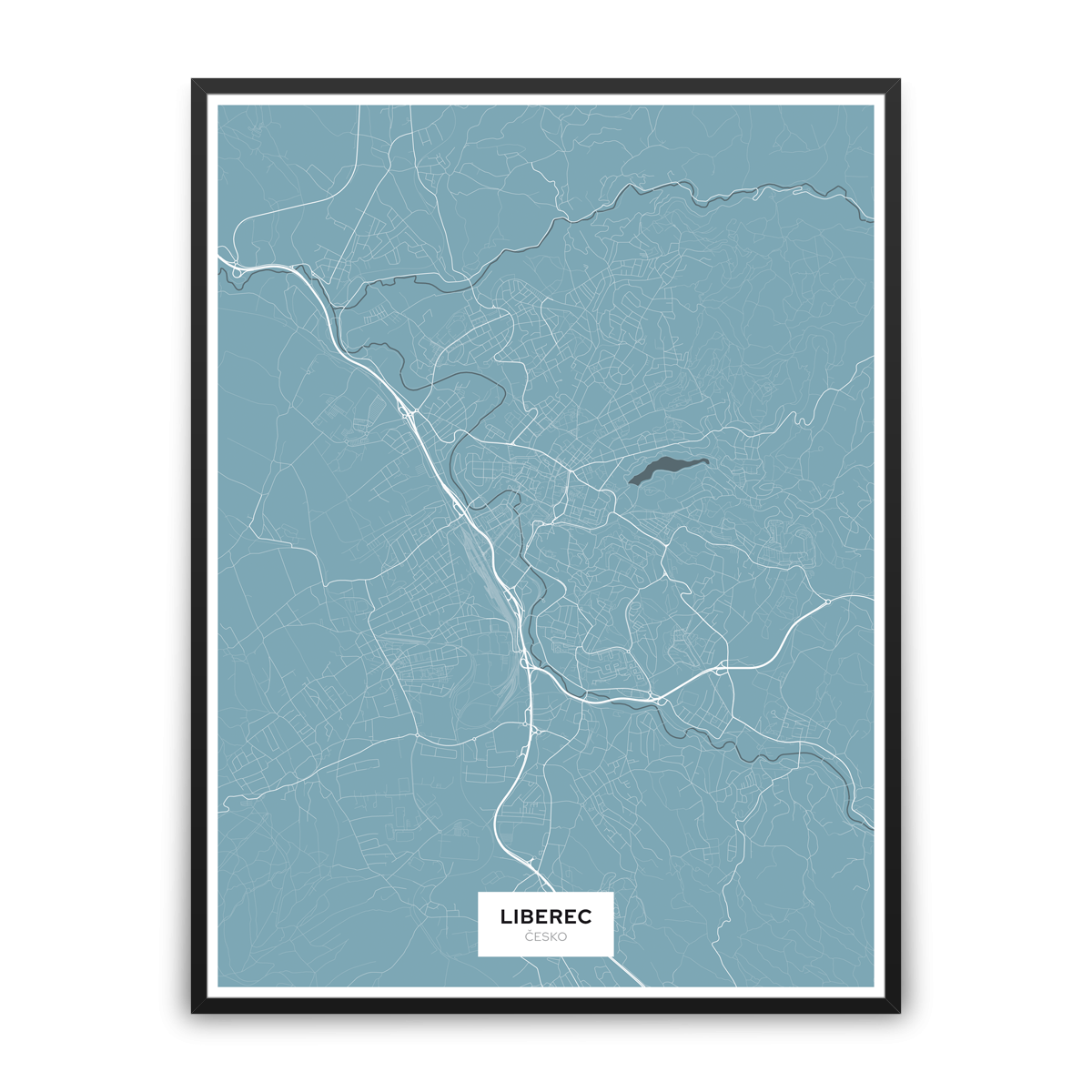 Liberec – silnice - města – klasik / město – modrá / pěnová kapa deska / černý hliníkový rám / 60×80 cm