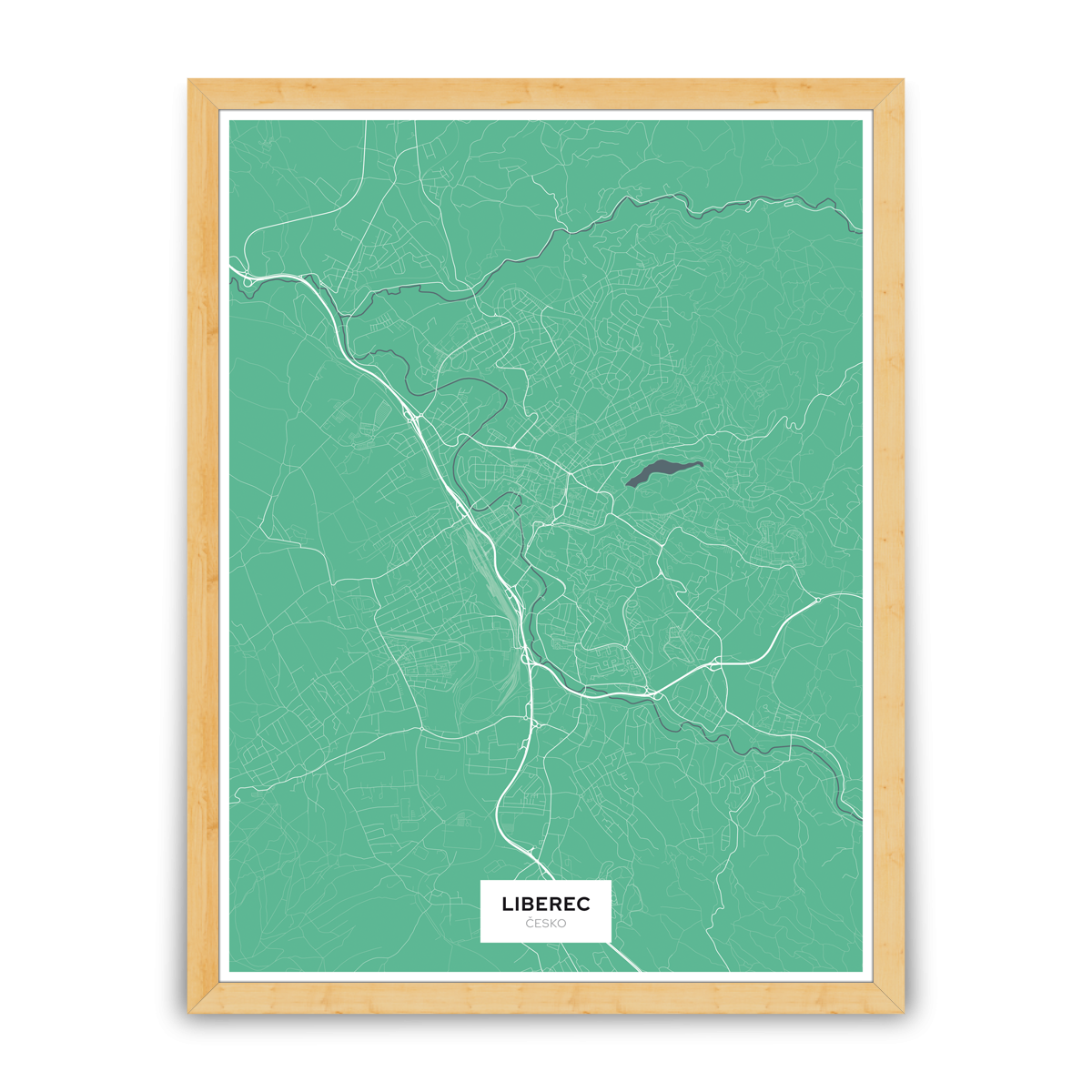 Liberec – silnice - města – klasik / město – zelená / pěnová kapa deska / dřevěný rám / 45×60 cm