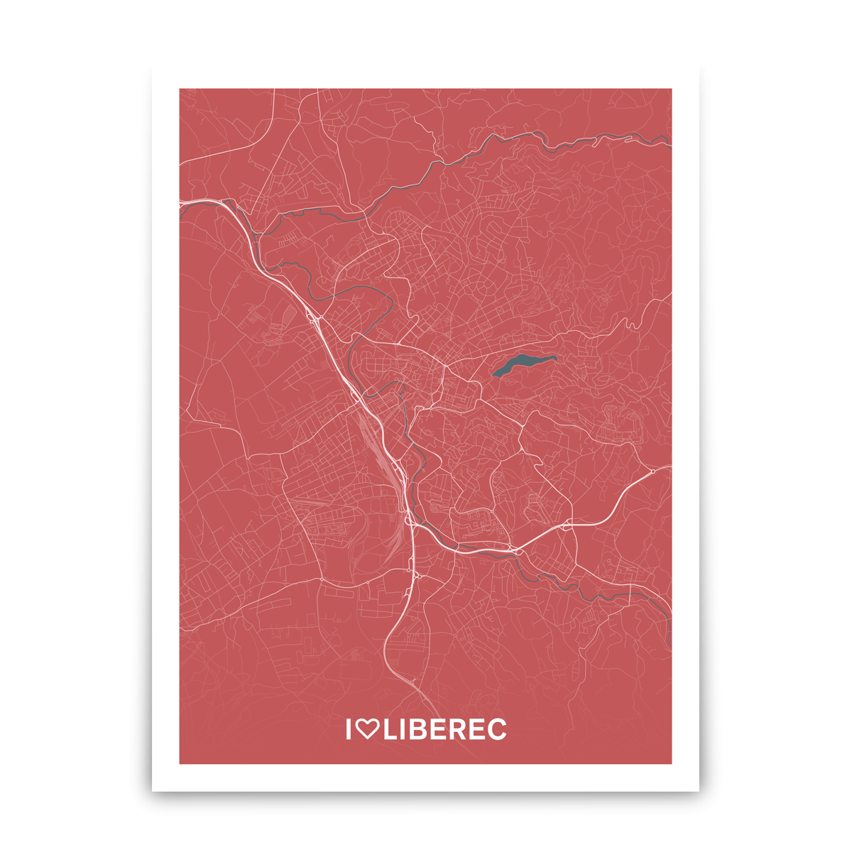 Liberec – silnice - města – love / město – červená / pěnová kapa deska / bez rámu / 30×40 cm