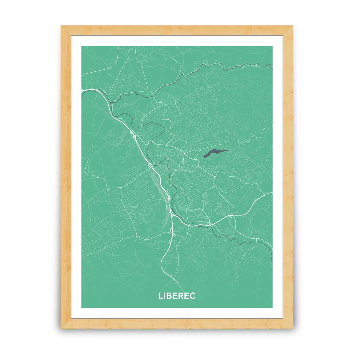 Liberec – silnice - města – mapa doztracena / město – zelená / pěnová kapa deska / dřevěný rám / 45×60 cm