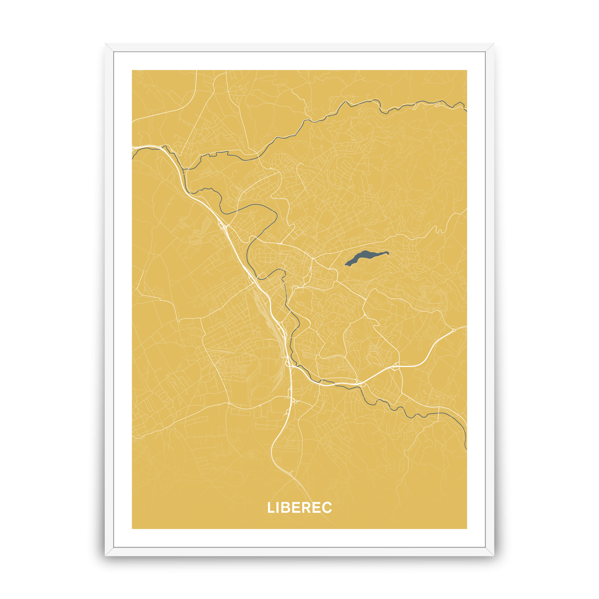 Liberec – silnice - města – mapa doztracena / město – žlutá / pěnová kapa deska / bílý hliníkový rám / 45×60 cm