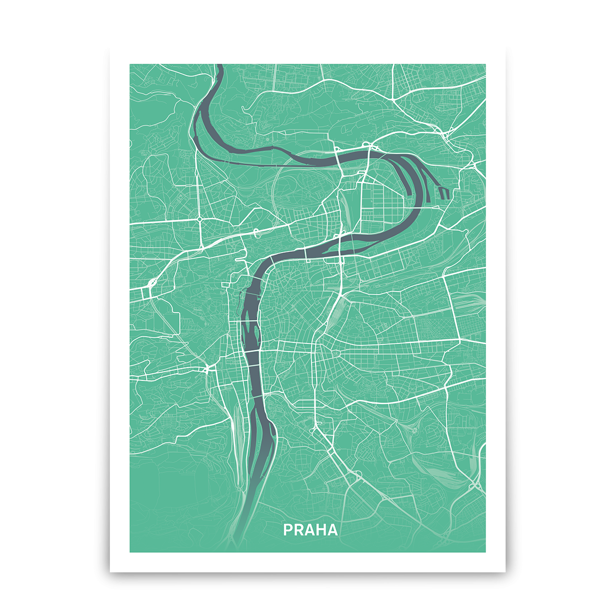 Praha – silnice - města – mapa doztracena / město – zelená / pěnová kapa deska / bez rámu / 45×60 cm