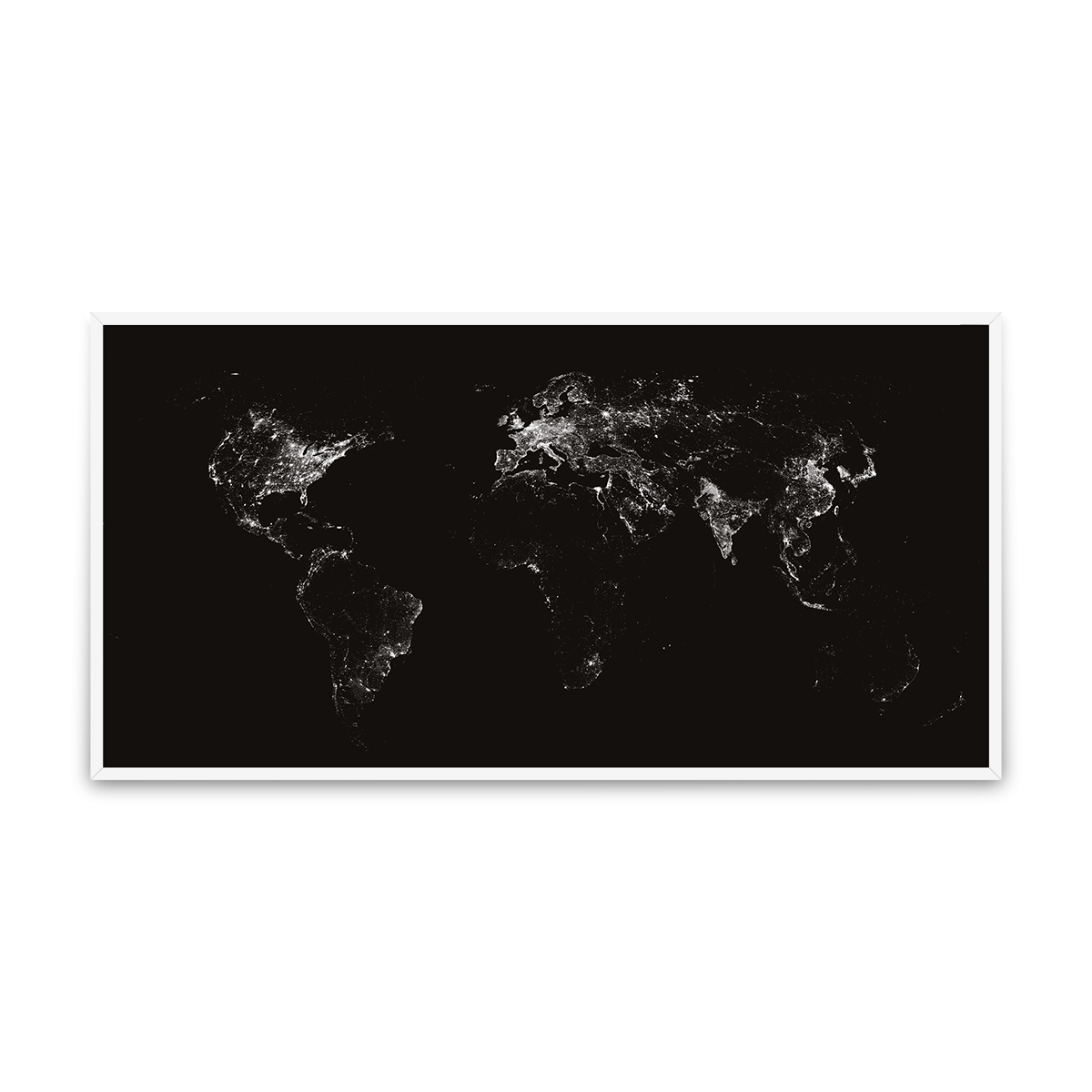 Svět s nočním osvětlením - bez pevnin / černobílá bez pevniny / pěnová kapa deska / bílý hliníkový rám / 100×50 cm