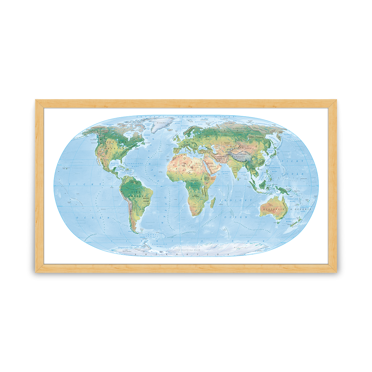 Fyzická mapa světa - s popisy / pěnová kapa deska / dřevěný rám / 200×115 cm