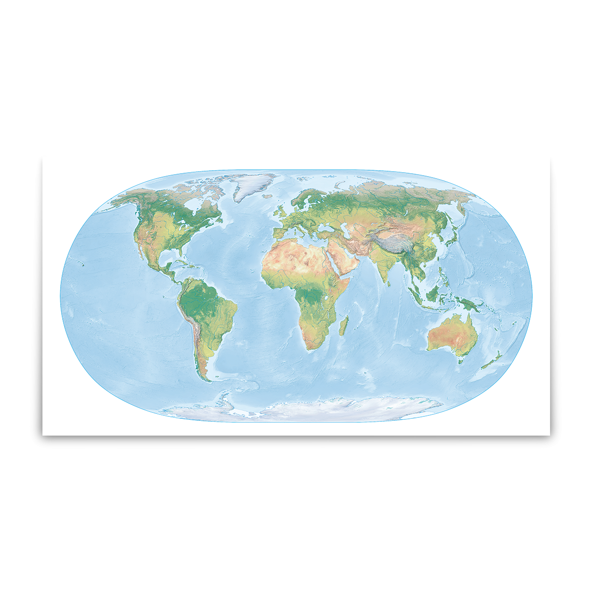 Fyzická mapa světa - bez popisu / plátno natažené na rámu / 70×40 cm