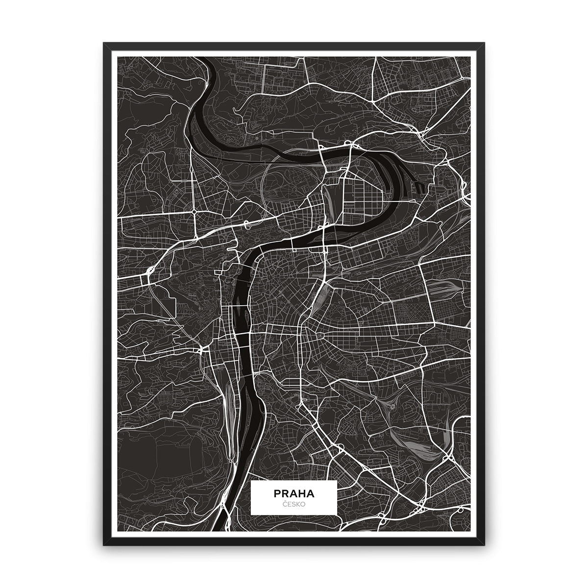 Praha – silnice - města – klasik / město – černá / pěnová kapa deska / černý hliníkový rám / 45×60 cm