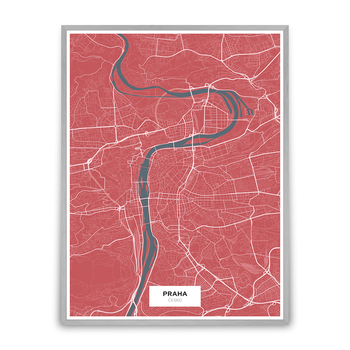 Praha – silnice - města – klasik / město – červená / pěnová kapa deska / stříbrný hliníkový rám / 45×60 cm