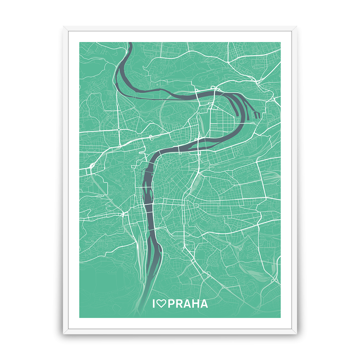Praha – silnice - města – love / město – zelená / pěnová kapa deska / bílý hliníkový rám / 60×80 cm