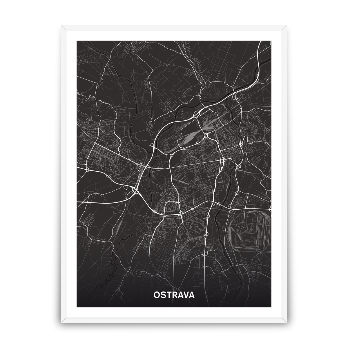 Ostrava – silnice - města – mapa doztracena / město – černá / pěnová kapa deska / bílý hliníkový rám / 45×60 cm