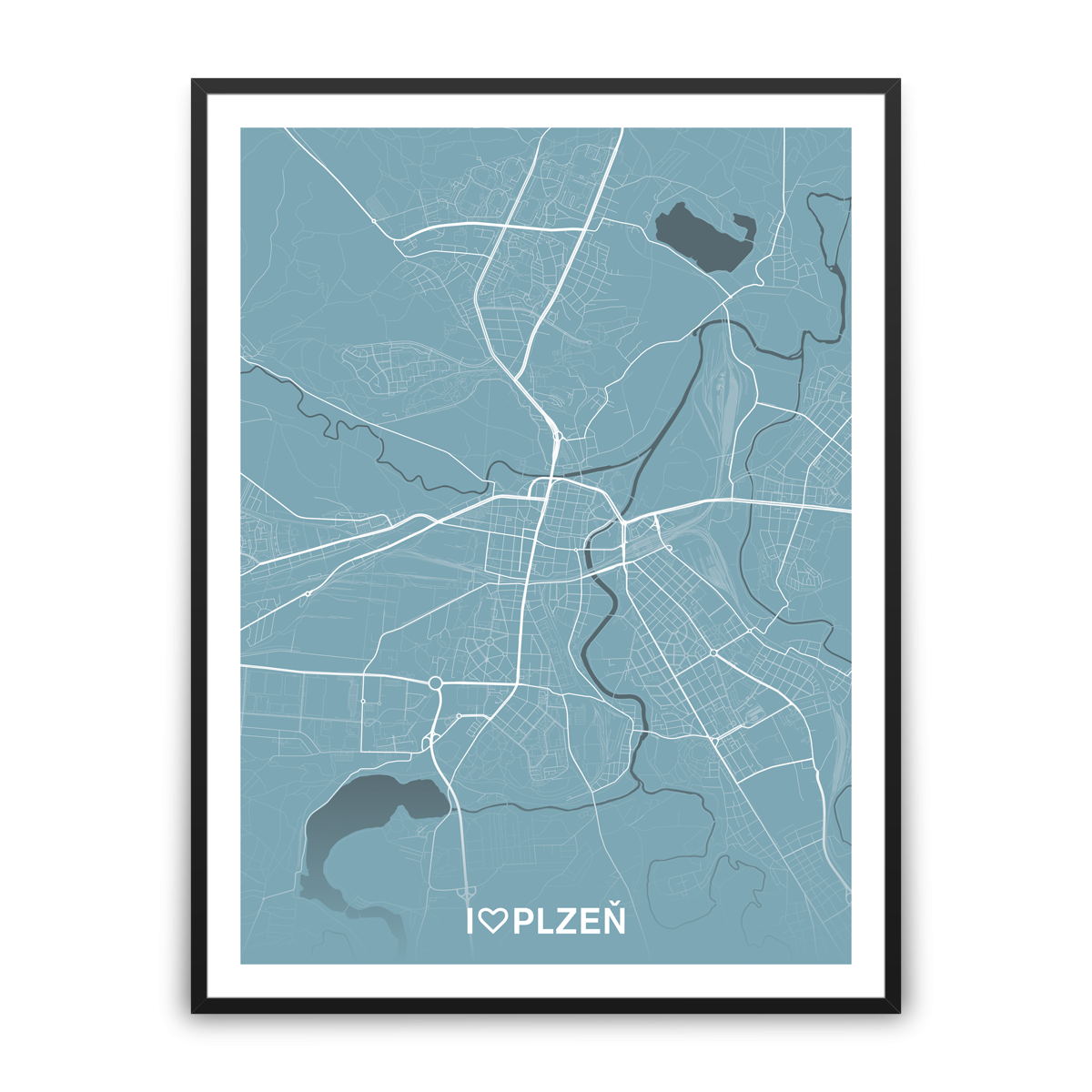 Plzeň – silnice - města – love / město – modrá / pěnová kapa deska / černý hliníkový rám / 60×80 cm