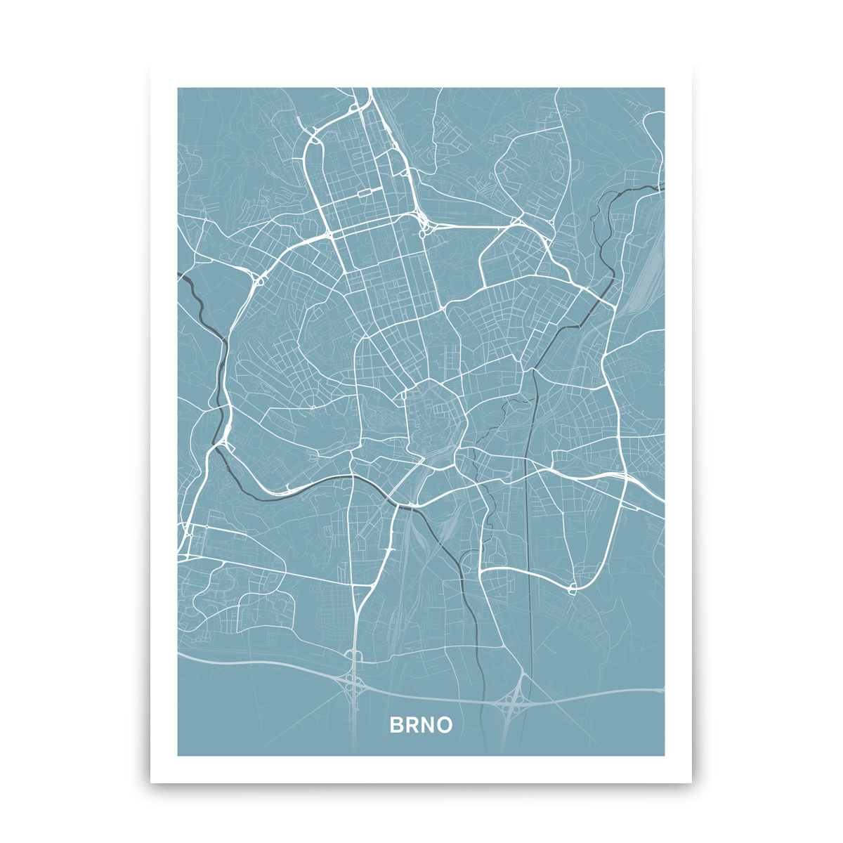 Brno – silnice - města – mapa doztracena / město – modrá / plátno natažené na rámu / 30×40 cm