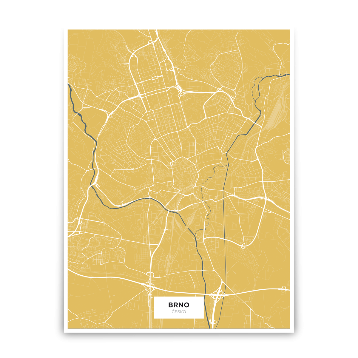 Brno – silnice - města – klasik / město – žlutá / papír / bez lišt / 30×40 cm