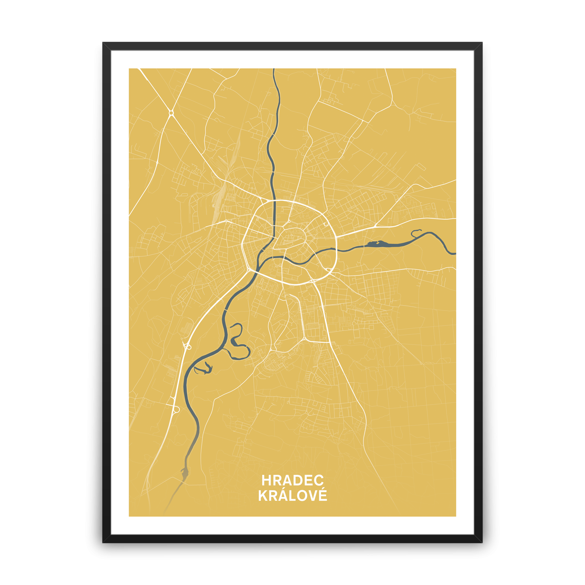 Hradec Králové – silnice - města – mapa doztracena / město – žlutá / pěnová kapa deska / černý hliníkový rám / 45×60 cm