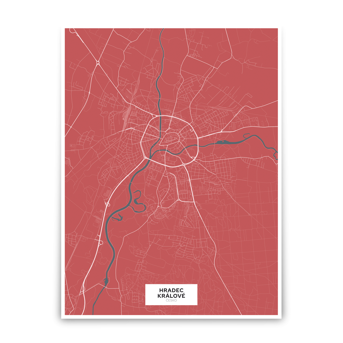 Hradec Králové – silnice - města – klasik / město – červená / plátno natažené na rámu / 60×80 cm