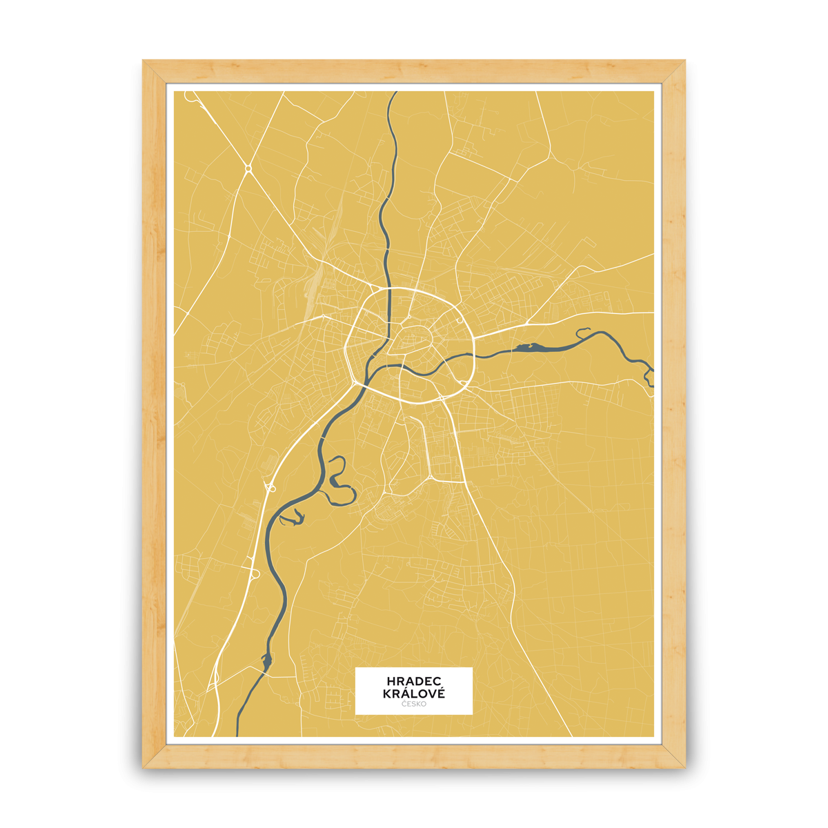 Hradec Králové – silnice - města – klasik / město – žlutá / pěnová kapa deska / dřevěný rám / 60×80 cm