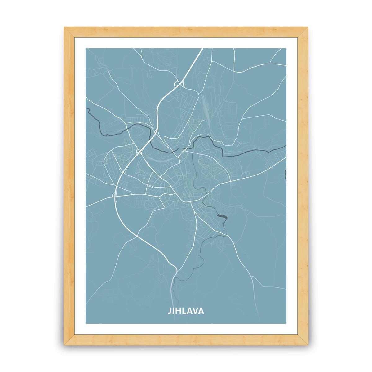 Jihlava – silnice - města – mapa doztracena / město – modrá / pěnová kapa deska / dřevěný rám / 45×60 cm
